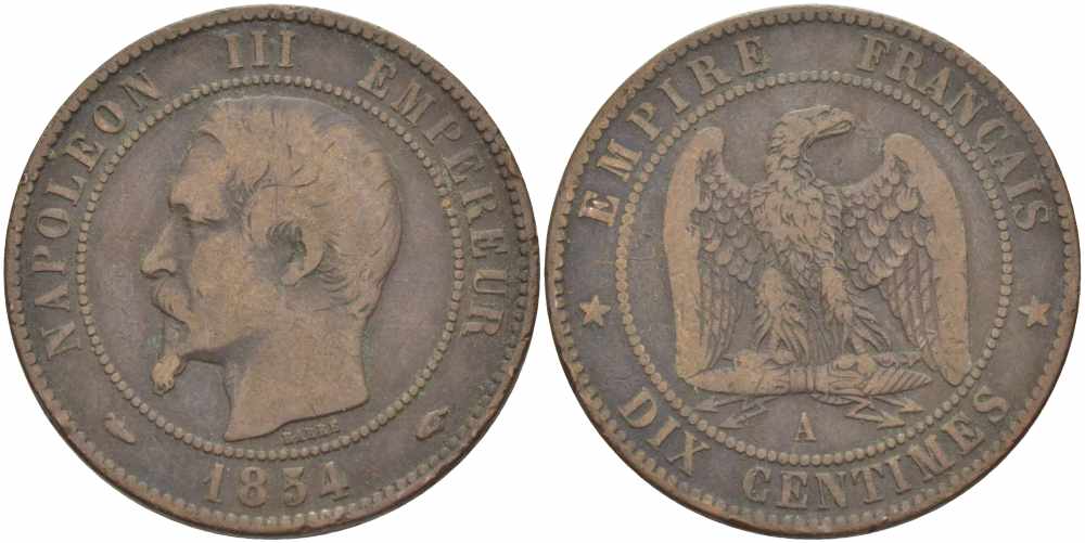 ФРАНЦИЯ 10 САНТИМОВ 1854 A, НАПОЛЕОН III (1852-1870) KM 771.1, LE FRANC 133.10 бронза 38-1011