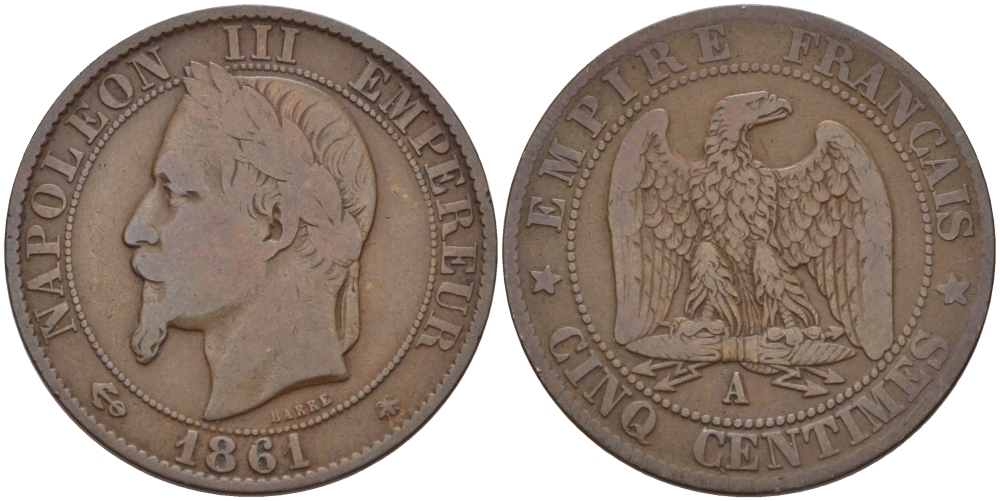 ФРАНЦИЯ 5 САНТИМОВ 1861 A, НАПОЛЕОН III (1852-1870) KM 797.1, LE FRANC 117.2 бронза 28-654