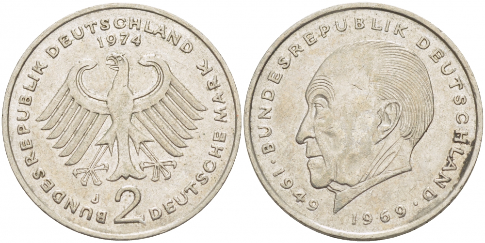 ФРГ 2 МАРКИ 1974 J, КОНРАД АДЕНАУЭР KM 124, J. 406 медно-никель плакированный никелем 3718-1112