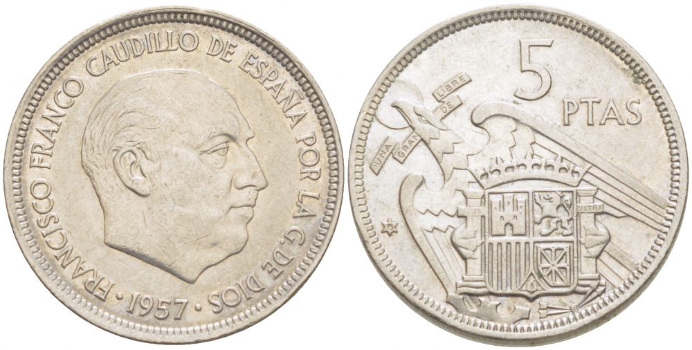 Испания 5 песет 1957 (75) Франциско Франко (1939-1975) KM 786 медно-никель 87-1523