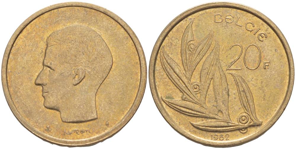 БЕЛЬГИЯ 20 ФРАНКОВ 1982 BELGIE, БОДУЭН I (1951-1993) KM 160 никель бронза 4546-244