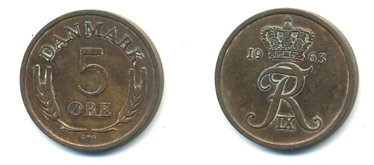 ДАНИЯ 5 ЭРЕ 1963 C; S, ФРЕДЕРИК IX (1947-1972) KM 848.1 бронза 176-535
