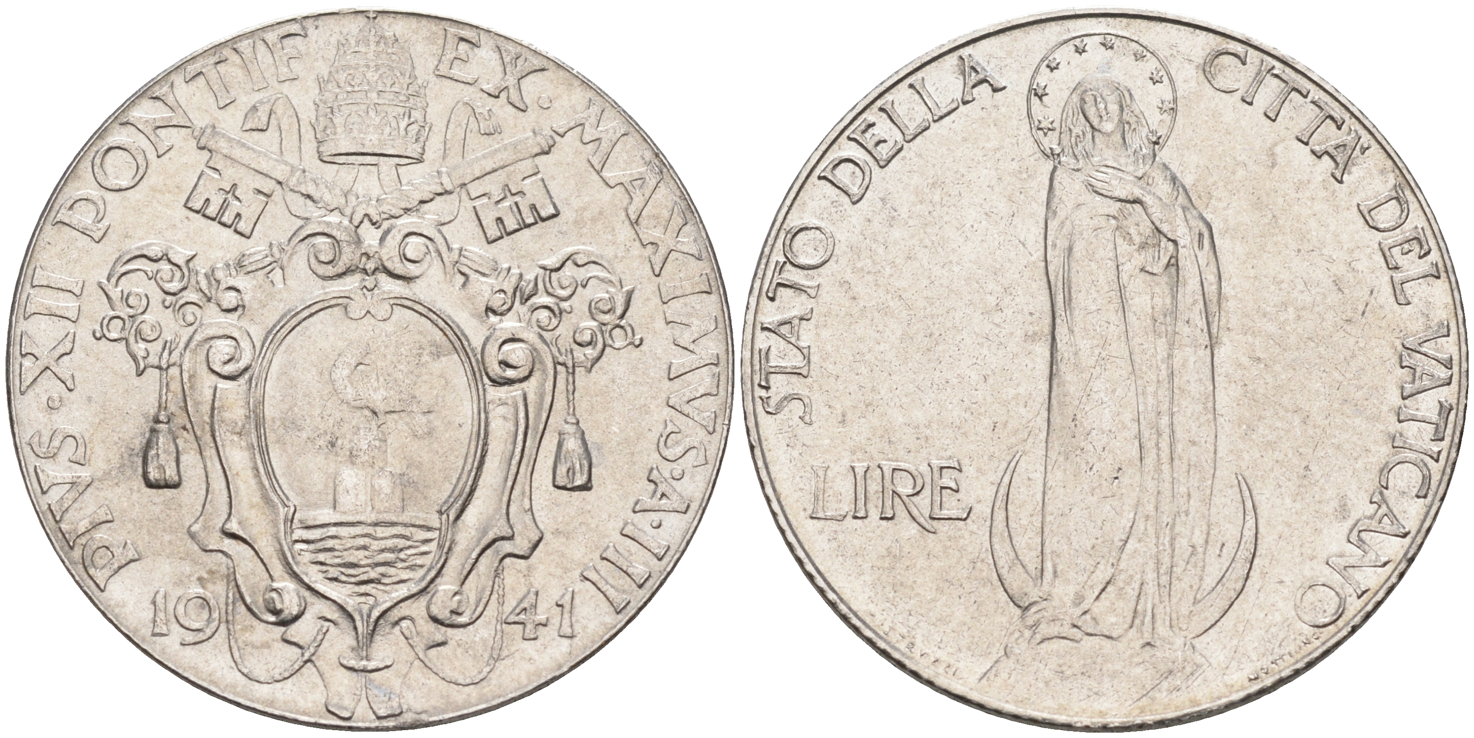Ватикан 1 лира 1941 Пий XII, Дева Мария KM 26 a сталь UNC 63-1031