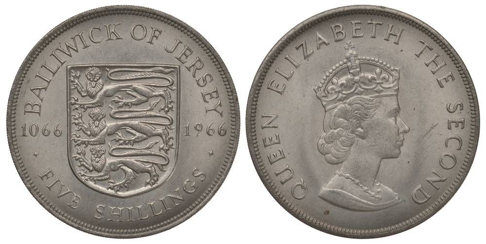 Джерси 5 шиллингов 1966 900 лет Нормандскому завоеванию KM 28 медно-никель UNC 1078-2-64