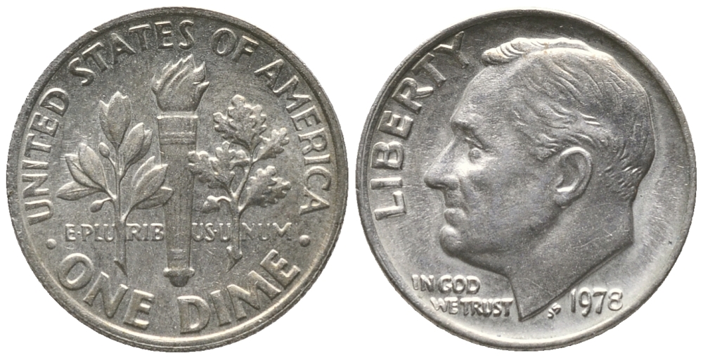 США 10 центов (дайм) 1978 Рузвельт KM 195а медь плакированная медно-никелем 100-1062