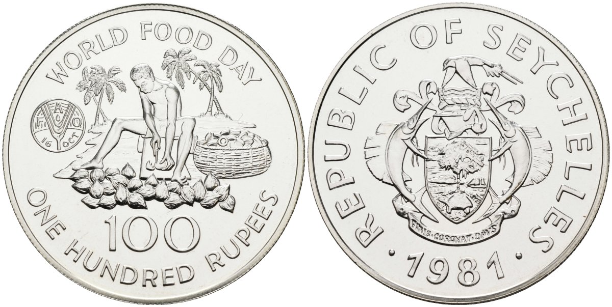 Сейшельские острова 100 рупий 1981 ФАО, всемирный день продовольствия, тираж 10000 экз. KM 45 a серебро UNC 04-320-32