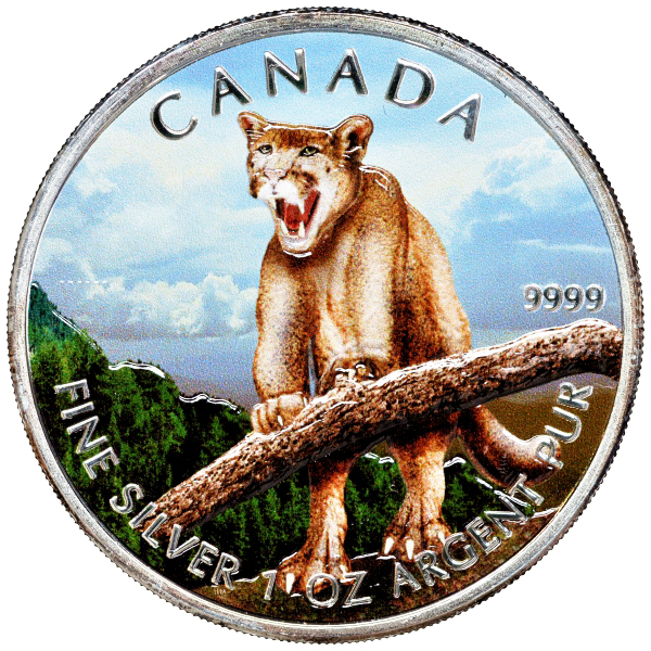 Канада 5 долларов 2012 серия Животный мир Канады, пума, в оригинальной коробке с сертификатом тираж 5000 экз., цветная эмаль серебро UNC 5-5-1-11