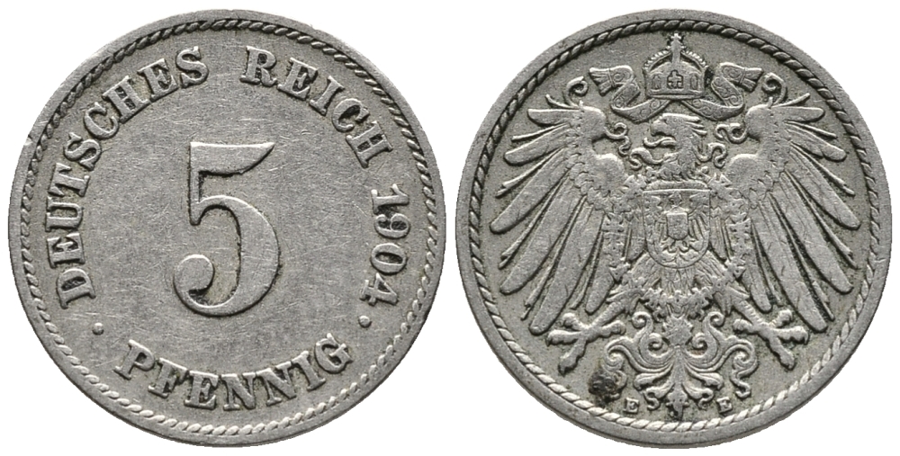 ГЕРМАНИЯ 5 ПФЕННИГОВ 1904 E KM 11, J. 12 медно-никель 39-768