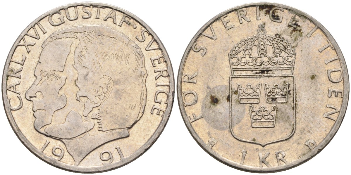 Швеция 1 крона 1991 Карл XVI Густав (1973- ) KM 852a медно-никель 4395-712
