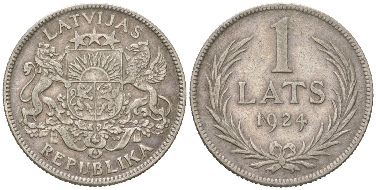 Латвия 1 лат 1924 Первая республика (1918-1939) KM 7 серебро4561-1246