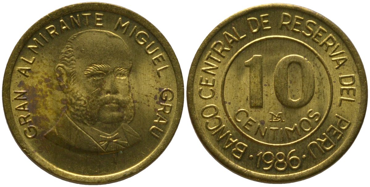 Перу 10 сентимо 1986 LIMA KM 293, Schon 94 латунь 4532-758