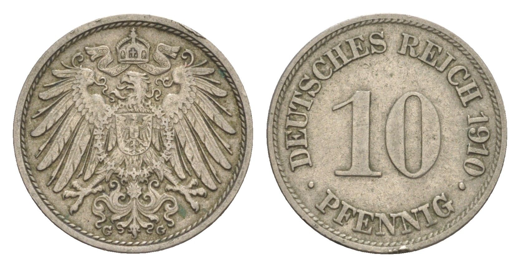 Германия 10 пфеннигов 1910 G, Вильгельм II (1888-1918) KM 12, J. 13 медно-никель 4644-1169