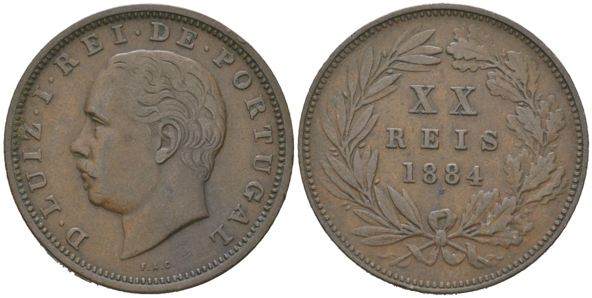 Португалия 20 реалов 1884 Луиш I (1861-1889) KM 527 бронза 4512-921