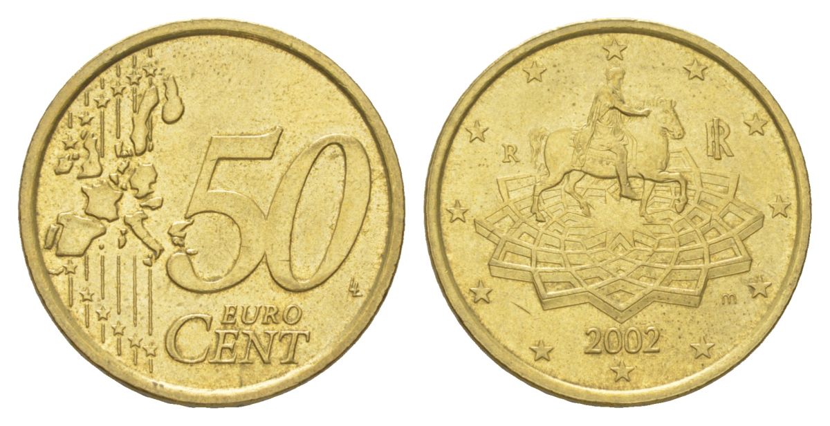 Италия 50 евроцентов 2002 R, Конная статуя Марка Аврелия KM 215 нордик 4629-336