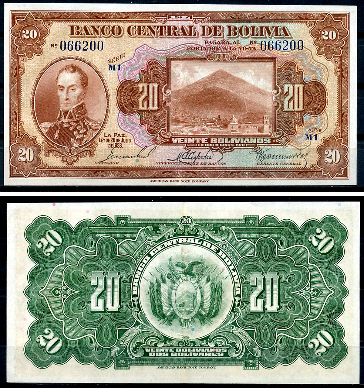 Боливия 20 боливиано 1928 Симон Боливар, Потоси, серия M1 Pick 122 a (7)  бумага  aUNC 444-2-3-1