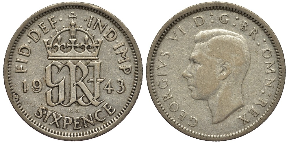 Великобритания 6 пенсов 1943 Георг VI (1936-1952) KM 852, Spink 4084 серебро 4538-532