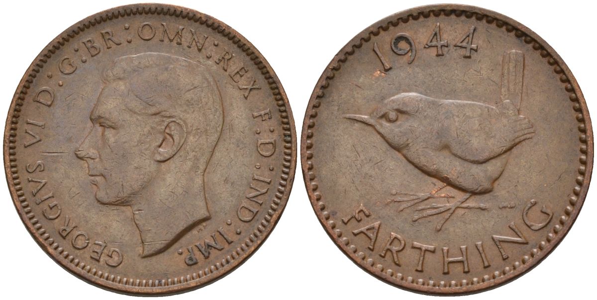 Великобритания 1 фартинг 1944 Георг VI (1936-1952) KM 843, Spink 4116 бронза 4154-258