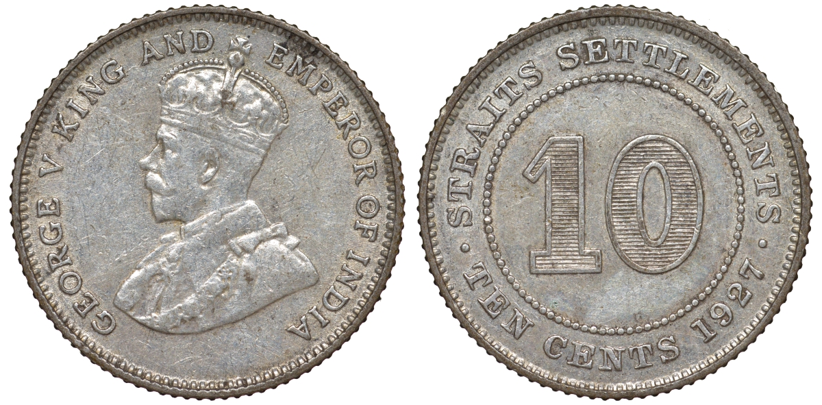 Стрейтс-Сетлментс 10 центов 1927 Георг V (1910-1936) КМ 29b серебро 53-725