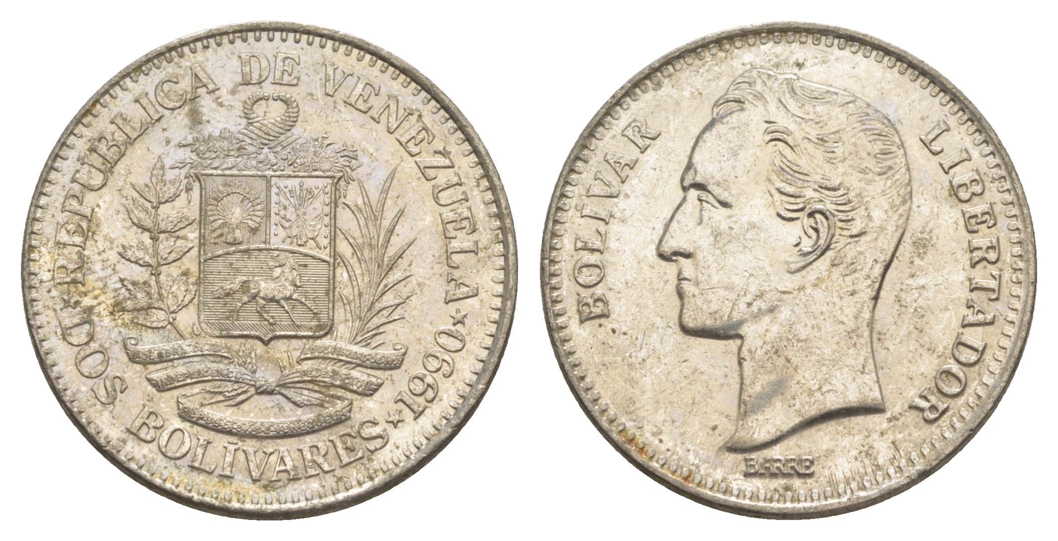 Венесуэла 2 боливара 1990 Симон Боливар Y 43a сталь плакированная никелем 4583-431