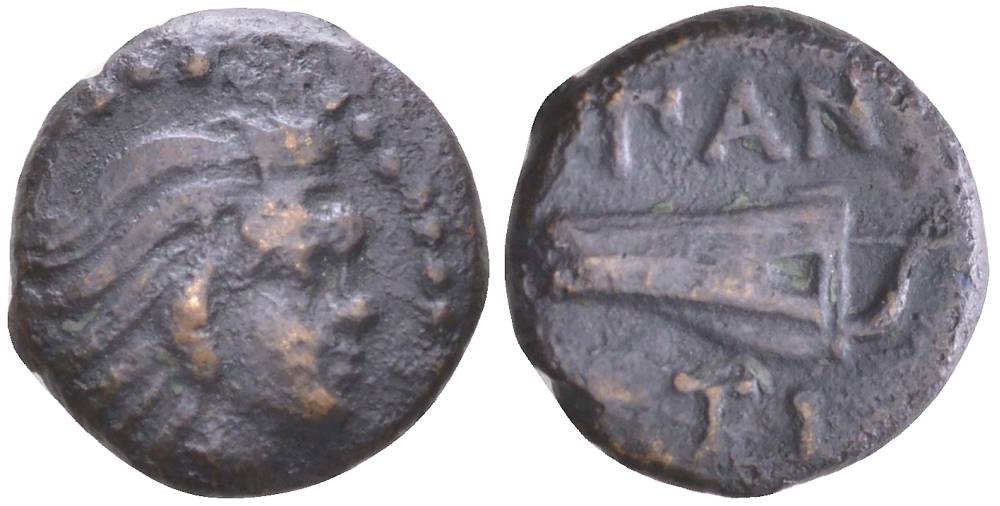 БОСПОР КИММЕРИЙСКИЙ, ПАНТИКАПЕЙ ХАЛК IV в. до н.э. ГОЛОВА БЕЗБОРОДОГО САТИРА / ПАN TI, ЛУК В ГОРИТЕ, 1,71 гр Анохин 113 медь 1073-19-36