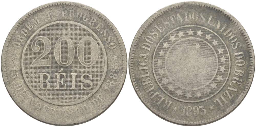 БРАЗИЛИЯ 200 РЕЙС 1889 ПЕДРО II (1831-1889) KM 484 медно-никель 4517-1224