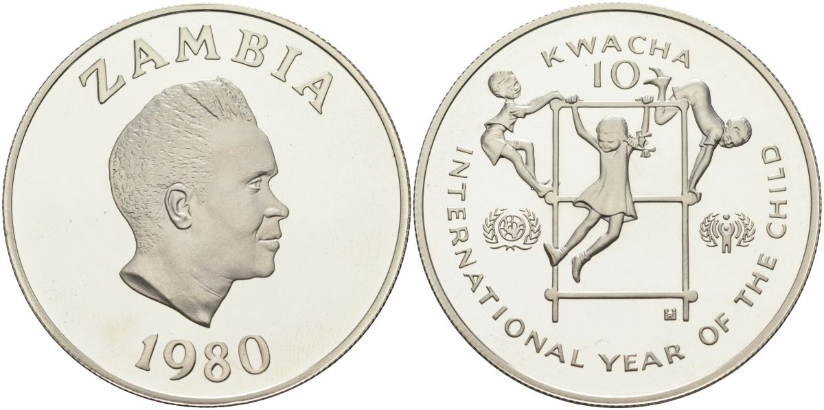 Замбия 10 квача 1980 международный год детей, президент Каунда KM 21 серебро PROOF 11-137-33