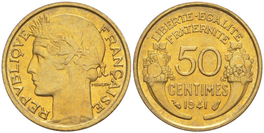 ФРАНЦИЯ 50 САНТИМОВ 1941 ТИП MORLON KM 894.1, LE FRANC 192.18 алюминиевая бронза 44-469