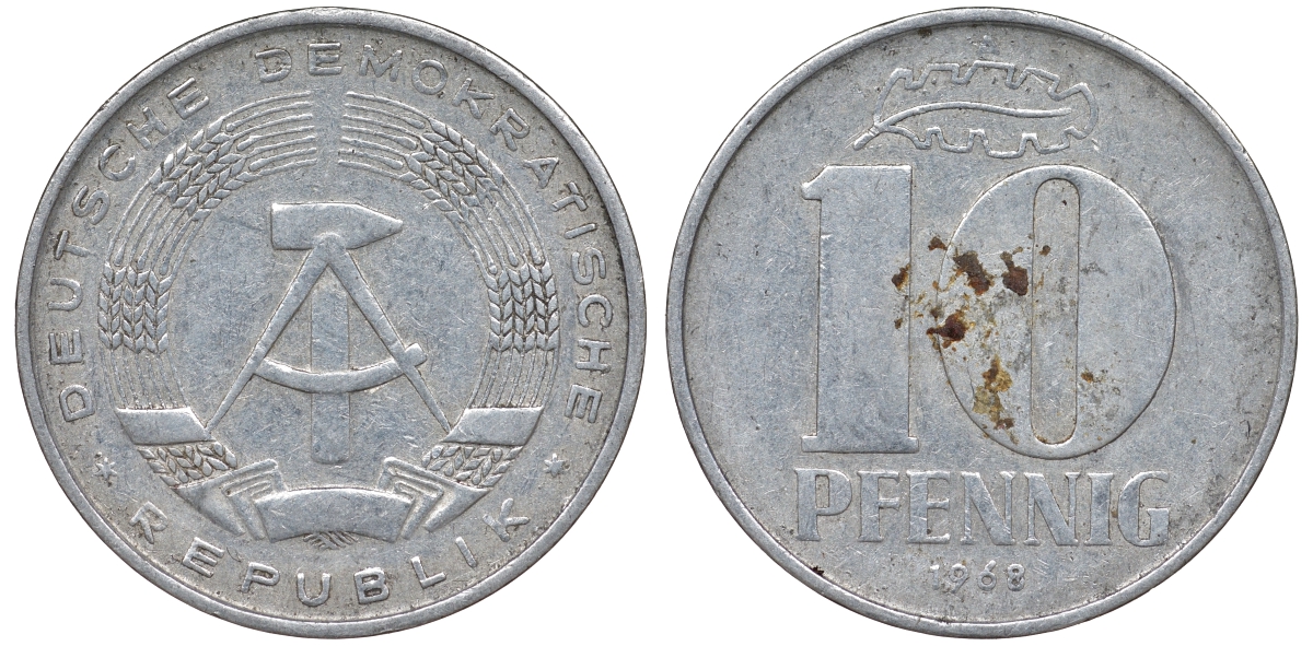 ГДР 10 пфеннигов 1968 A KM 10 алюминий 62-817