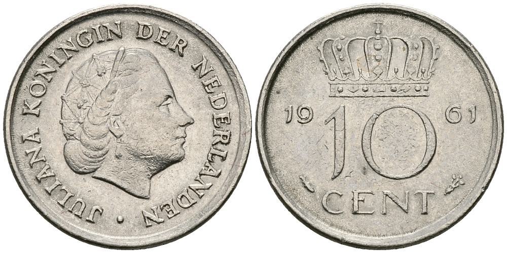 НИДЕРЛАНДЫ 10 ЦЕНТОВ 1961 ЮЛИАНА KM 182 никель 96-433