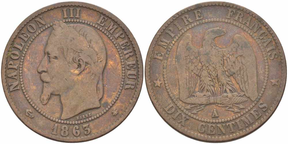 ФРАНЦИЯ 10 САНТИМОВ 1863 A, НАПОЛЕОН III (1852-1870) KM 798.1, LE FRANC 134.8 бронза 4389-226