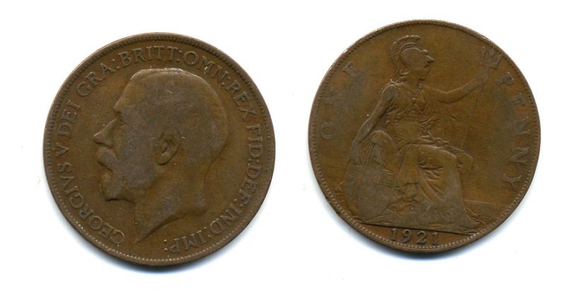 Великобритания 1 пенни 1921 Георг V (1910-1936) KM 810, Spink 4051 бронза 47-614