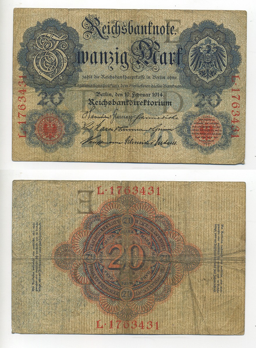 ГЕРМАНИЯ 20 МАРОК 1914 СЕМЬ ЦИФР В НОМЕРЕ Pick 46b бумага 7217-39-1