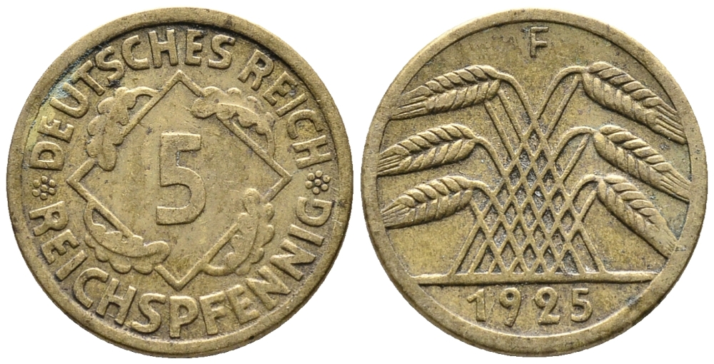 ГЕРМАНИЯ 5 РЕЙХСПФЕННИГОВ 1925 F KM 39, J. 316 алюминиевая бронза 39-539
