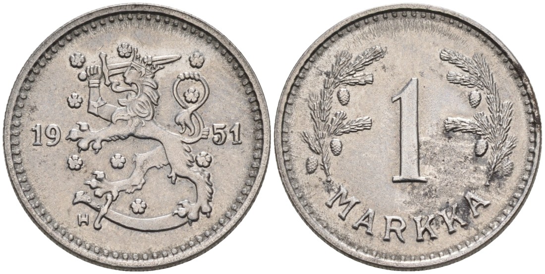 ФИНЛЯНДИЯ 1 МАРКА 1951 H KM 30b железо 4563-713