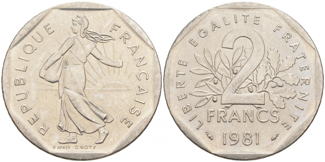 ФРАНЦИЯ 2 ФРАНКА 1981 СЕЯТЕЛЬ KM 942.1, LE FRANC 272.5 никель 3855-713