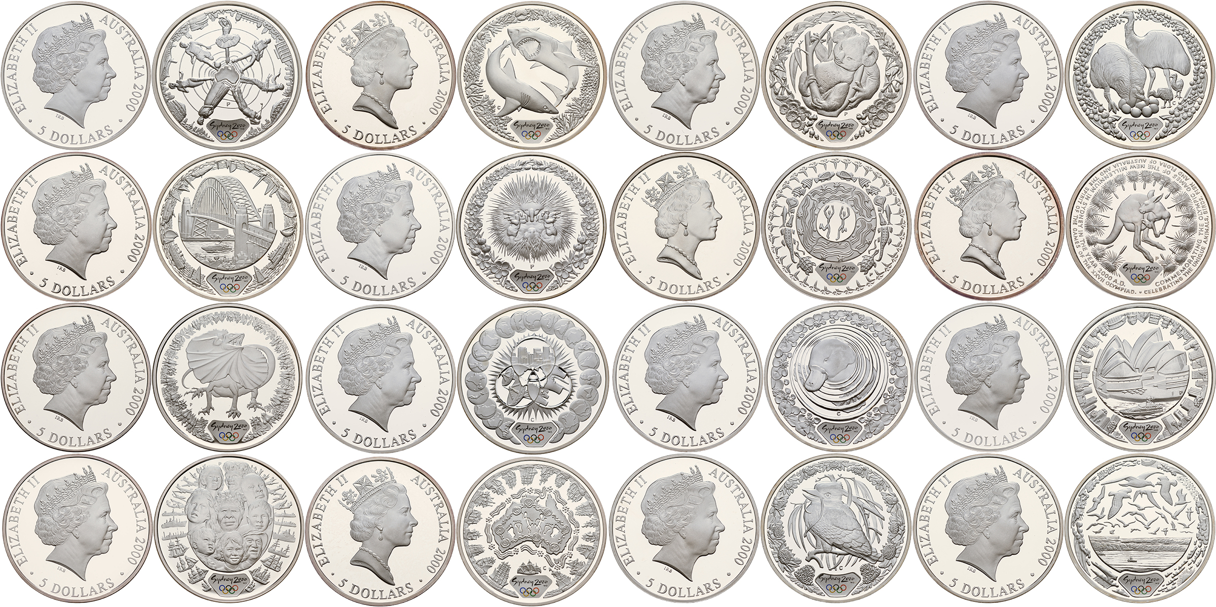 Австралия набор из 16 монет по 5 долларов 2000 XXVII летние Олимпийские игры 2000 года в Сиднее полный набор серебро PROOF 4-3-5-11