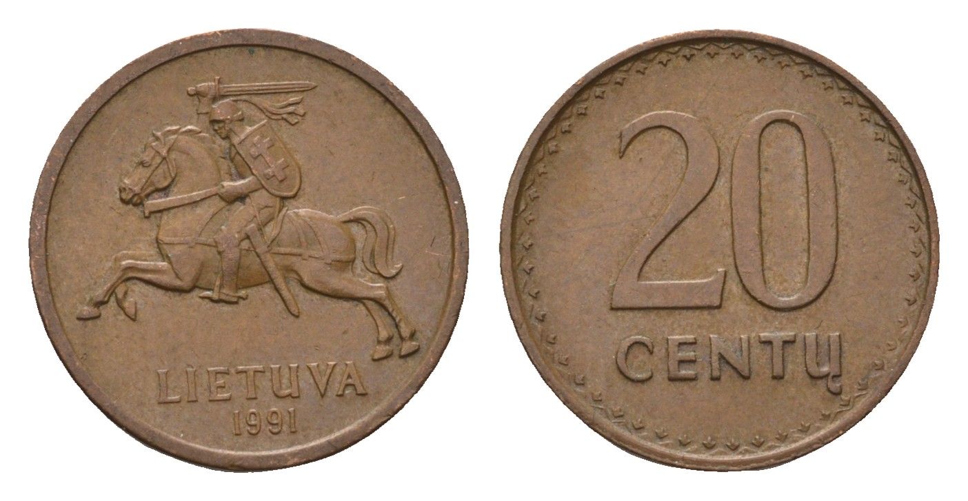 Литва 20 центов (сентов) 1991 KM 89 бронза 4694-1235
