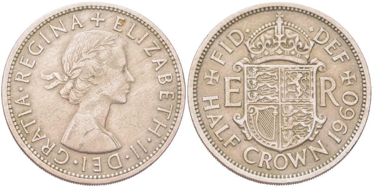 Великобритания 1/2 кроны 1960 Елизавета II (1952-2022) KM?907, Spink 4145 медно-никель 4165-1226