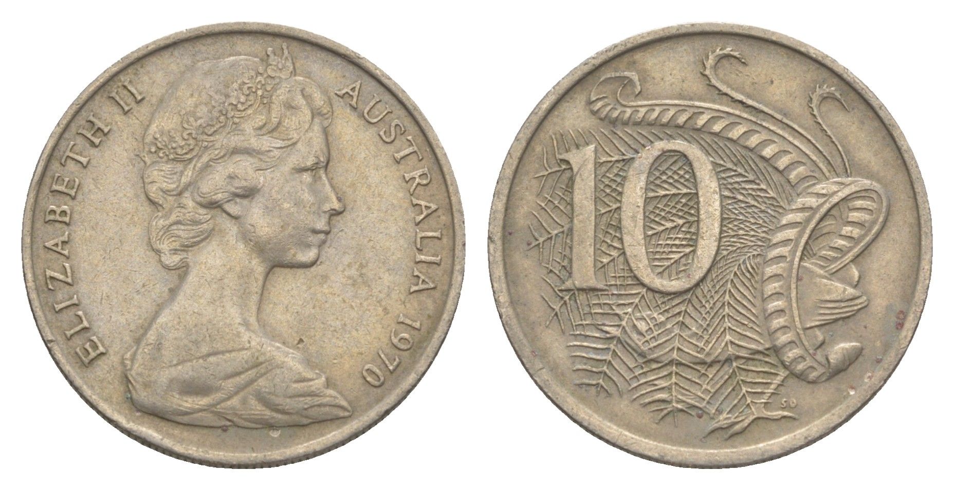 Австралия 10 центов 1970 Елизавета II (1952-2022), птица лирахвост KM 65 медно-никель 4364-2827