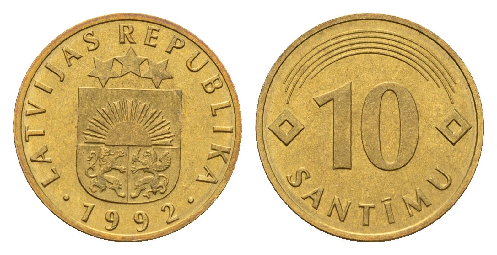 Латвия 10 сантимов 1992 KM 17 никель латунь UNC 4679-314