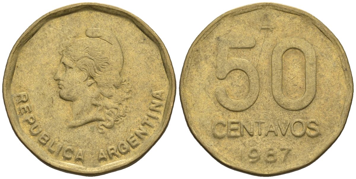 Аргентина 50 сентаво 1987 голова свободы влево KM 99, Schon 99 латунь    60-1047