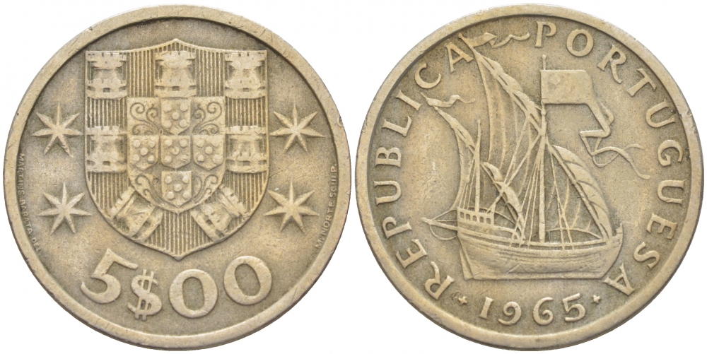 ПОРТУГАЛИЯ 5 ЭСКУДО 1965 ПАРУСНИК KM 591 медно-никель 3718-452