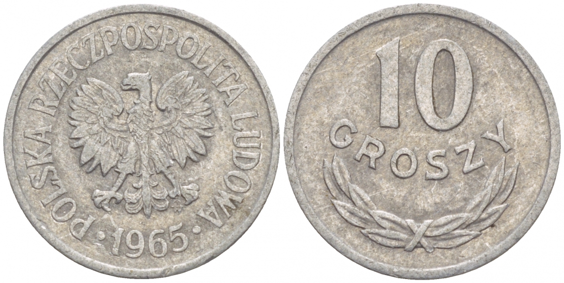 ПОЛЬША 10 ГРОШЕЙ 1965 MW KM АА47 алюминий 4549-258