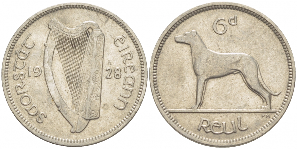 Ирландия 6 пенсов 1928 собака, ирландский волкодав KM 5 никель 213-932