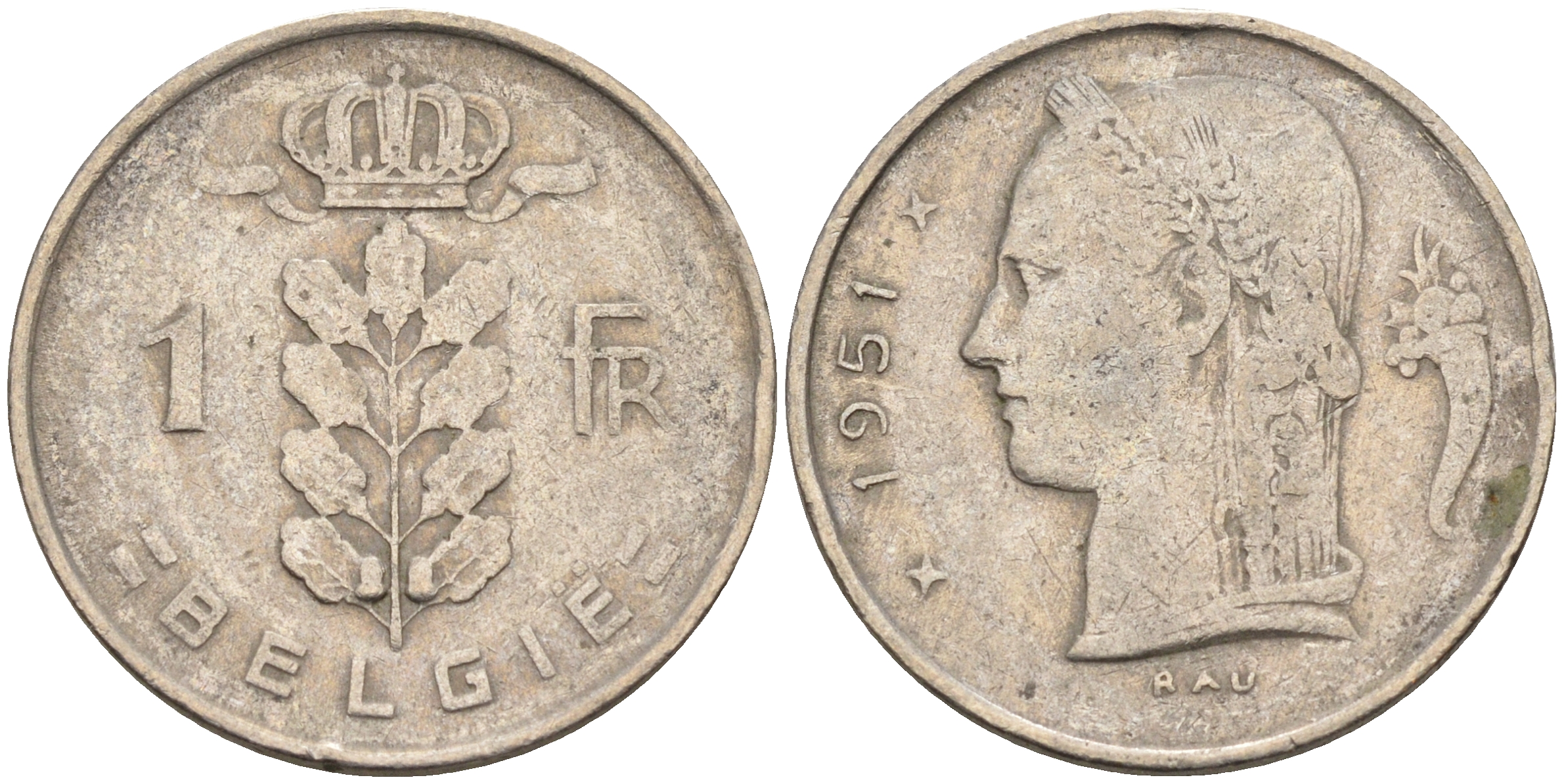 Бельгия 1 франк 1951 Belgie KM 143.1 медно-никель    4592-1236