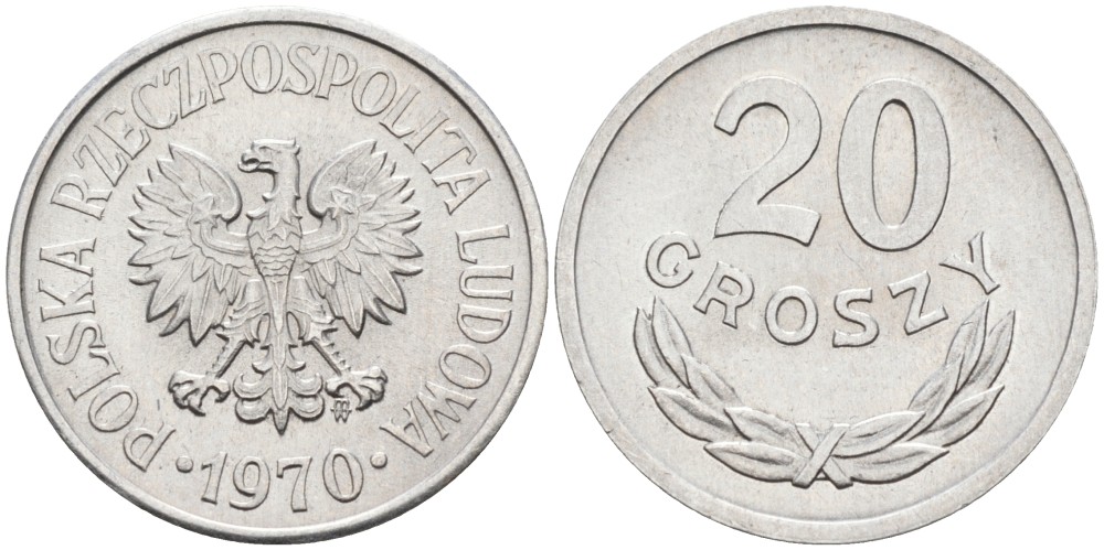 ПОЛЬША 20 ГРОШЕЙ 1970 MW KM А47 алюминий 192-419