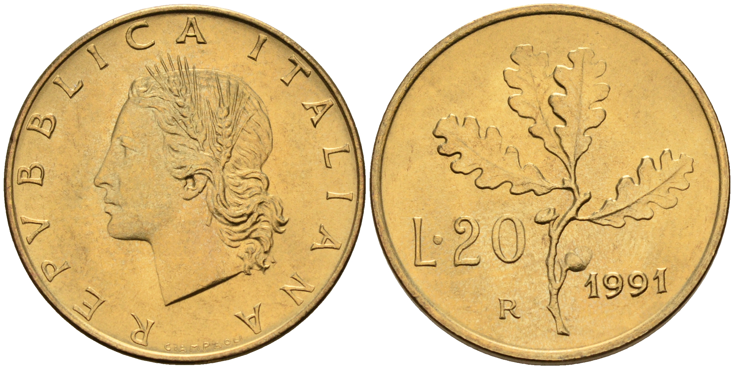 Италия 20 лир 1991 R, дубовый лист KM 97.2 алюминиевая бронза  UNC  4594-833