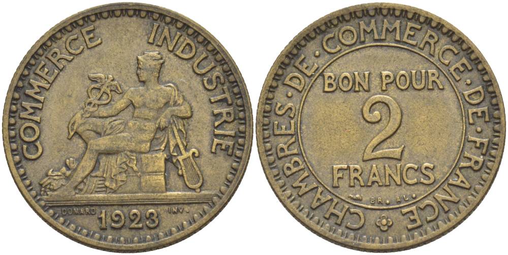 ФРАНЦИЯ 2 ФРАНКА 1923 CHAMBRES DE COMMERCE KM 877, LE FRANC 267.5 алюминиевая бронза 4183-1211