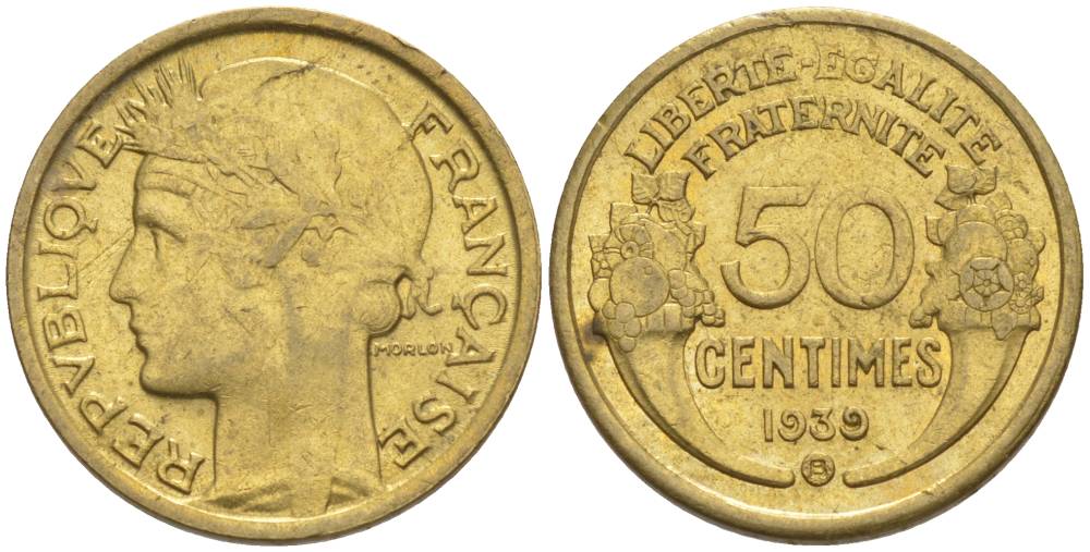 ФРАНЦИЯ 50 САНТИМОВ 1939 В, ТИП MORLON, МОНДВОР БРЮССЕЛЬ KM 894.2, LE FRANC 192.16 алюминиевая бронза 44-922