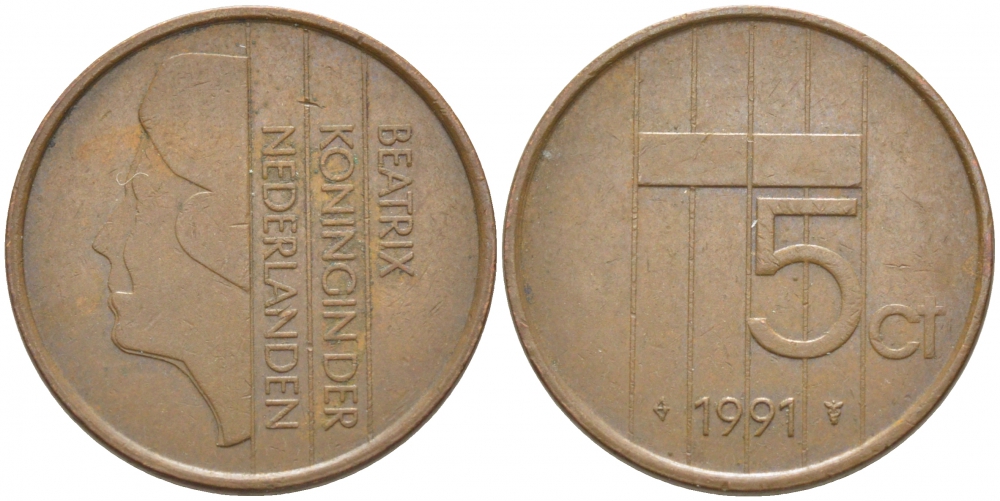 НИДЕРЛАНДЫ 5 ЦЕНТОВ 1991 БЕАТРИКС KM 202 бронза 3856-543